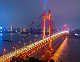 Fototapeta premium A stunning nighttime view of the Yangpu Bridge in Shanghai, China, illuminated with vibrant orange and blue lights, showcasing the city's modern skyline and bustling river traffic.