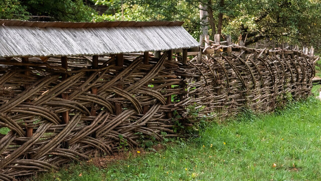Traditional wattle fence woven from flexible wooden branches with a protective shingle roof structure in a rural countryside setting. Historic vernacular wicker fencing along a green grassy path.
