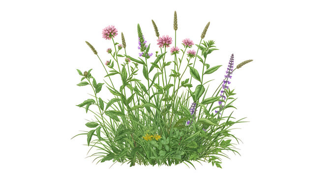 A cluster of wildflowers and grass on a white background