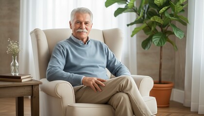 Fototapeta premium Senior man sitting comfortably in a beige armchair at home with a plant nearby