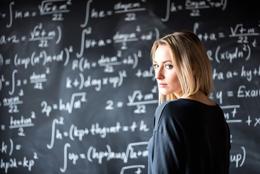 Subject: A female teacher. Action: She is standing with her back to the camera, looking at a chalkboard covered in complex mathematical equations. Setting: A dark classroom with a chalkboard as the ba
