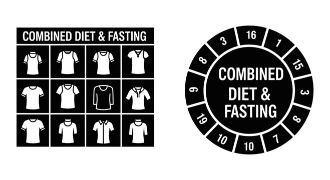 Wheel and grid chart illustrating combined diet and fasting methods for weight loss Vector, illustration