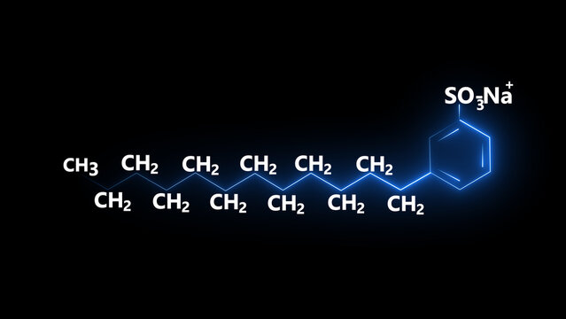 Glowing organic chemical structure featuring a long molecular chain connected to a benzene ring on a dark background. Scientific illustration ideal for chemistry, pharmaceuticals, biochemistry, 