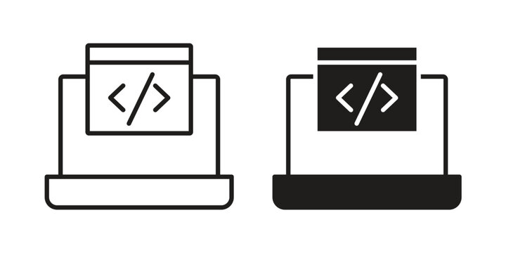 Display code icon simple black and white line and clip art illustrations