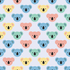 Fototapeta premium Seamless pattern with cute colorful koala heads in pastel tones, cartoon animal vector illustration for nursery decor and textile design