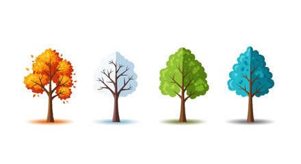 Fototapeta premium Set of four stylized vector trees representing the four seasons: autumn with orange foliage, winter with bare branches, spring with green leaves, and summer with teal blue foliage.