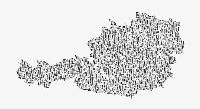 Detailed map of Austria composed of black halftone dots on a white background, featuring a pointillism style silhouette of the European country with clean geographical borders.