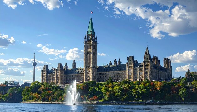A large government building with a clock tower and fountain