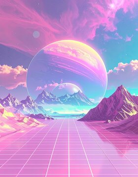 A surreal retro-futuristic landscape with neon grid, mountains, and glowing planets.