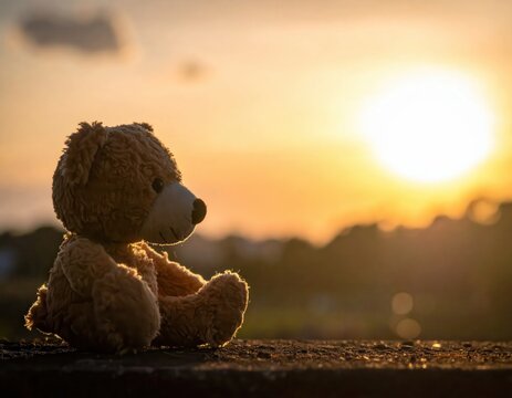 Cute teddy bear sitting on a wall during beautiful sunset with warm colors in the background