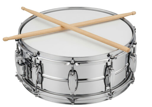 Classic snare drum with drumsticks positioned for playing