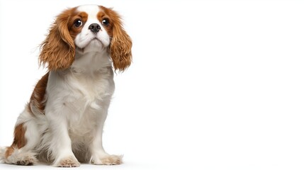 Fototapeta premium A charming Cavalier King Charles Spaniel sits attentively against a white background, embodying curiosity and companionship—perfect for pet branding, emotional wellness, and family lifestyle campaigns