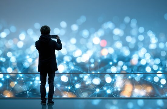 Digital Transformation And Connectivity Person Taking Photo Of Abstract Cityscape With Network Connections On Smartphone Future Technology And Smart City Concept