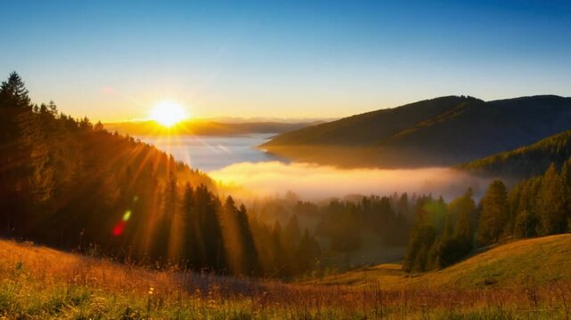 Sunrise over misty mountain forest with golden sunlight and foggy atmosphere