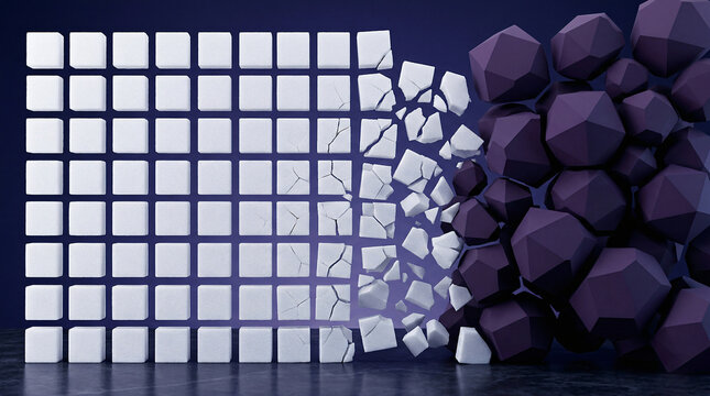 Abstract 3D geometric composition of white cubes transforming into purple polygons