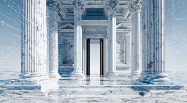 Majestic futuristic marble hall with glowing doorway and classical columns