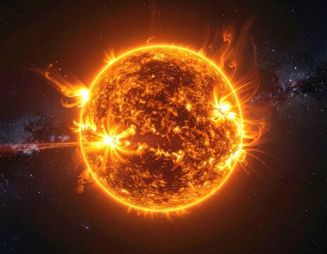 The Sun ablaze with solar flares against a starry backdrop.