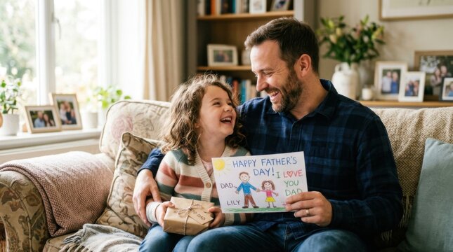 Father and daughter smiling with handmade card Father's Day concept