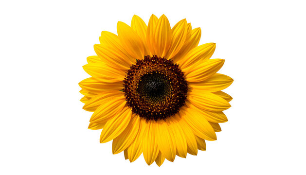 Bright, vibrant sunflower isolated against a black background, showcasing golden petals