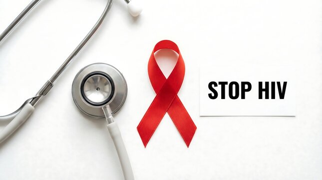 Raising awareness a red ribbon symbolizing hiv aids awareness placed next to a stethoscope on a white background