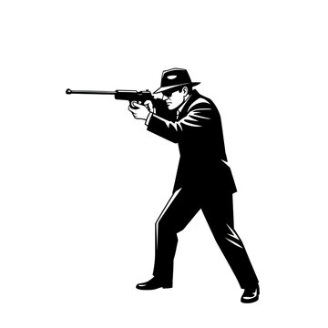 Secret Agent or Hitman in Suit and Fedora Aiming a Firearm Vector Illustration