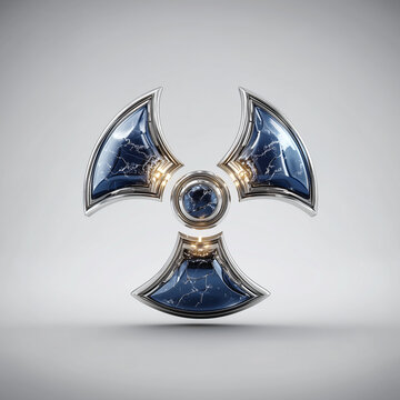 Metallic futuristic emblem with blue energy core on minimal background
