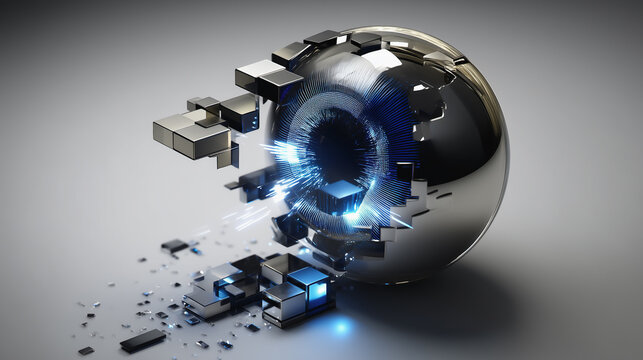 Broken metallic sphere fragments explosion futuristic technology concept