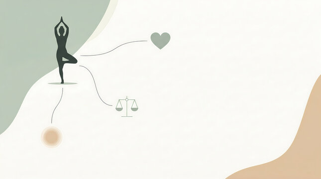 Minimalist yoga tree pose silhouette with wellness and balance icons