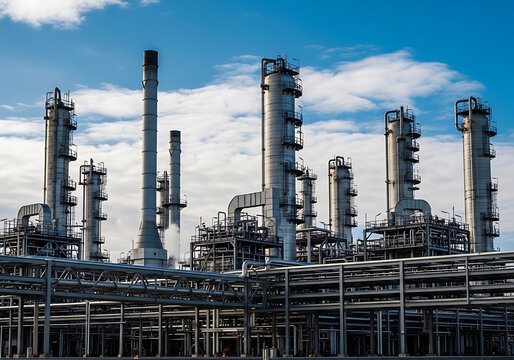 Industrial complex a view of oil refinery towers against a bright blue sky with clouds