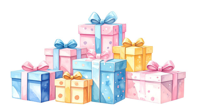Watercolor illustration of a stack of pastel-colored gift boxes with tied bows