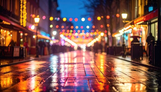 A wet street at night, illuminated by colorful bokeh lights.