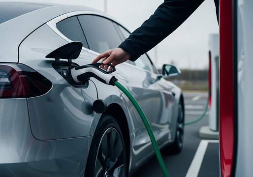 Electric vehicle charging a silver tesla being replenished at a modern charging station