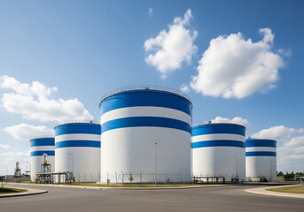 Obraz premium Industrial silos against a blue sky a view of grain or cement storage facilities
