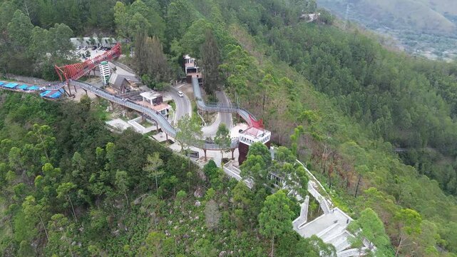 Aerial drone shot from Menara Pandang Tele overlooking Danau Toba