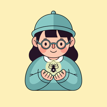 Cute cartoon girl explorer holding a glowing firefly in her hands, nature discovery and childhood curiosity vector illustration.