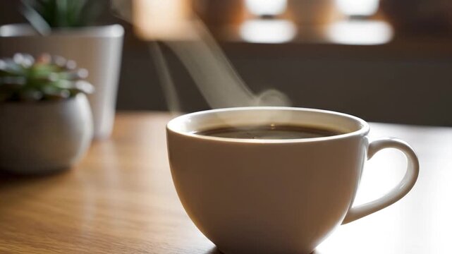 Steaming hot coffee in brown mug.