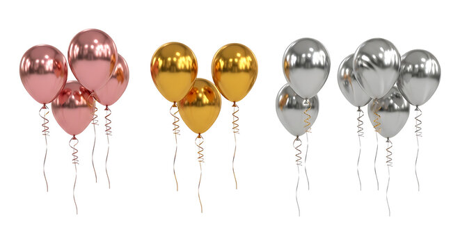 A bunch of pink, gold, and silver balloons floating in the air PNG isolated on transparent background