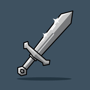 Shining Silver Medieval Sword Illustration, Cartoon Vector Weapon Asset for Games