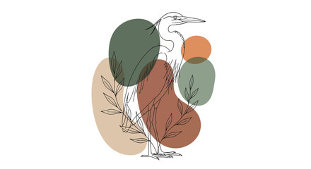 Fototapeta premium Minimalist Boho Heron Line Art Illustration with Abstract Organic Shapes and Leaves