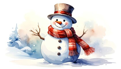 Obraz premium A whimsical watercolor illustration of a cheerful snowman dressed in a top hat and scarf.