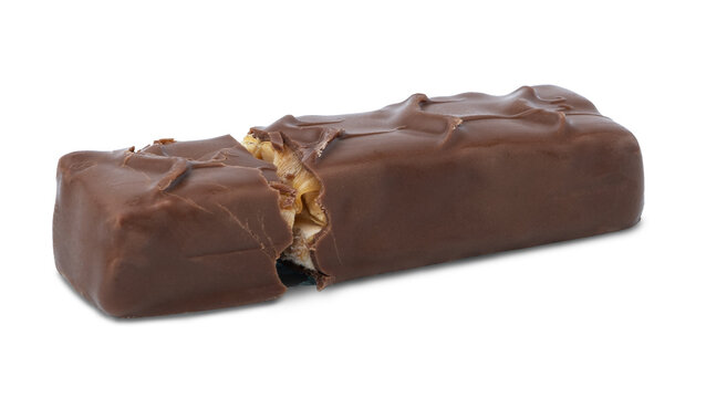 Chocolate bar with nougat isolated on a white background. Broken chocolate bar into two parts isolate.