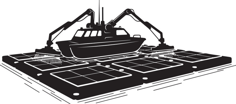 Industrial robotic arms, manufacturing equipment, solar panel production line, black and white vector illustration