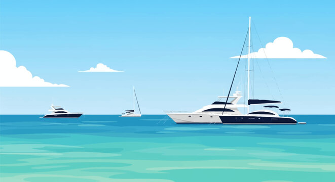 Flat vector illustration featuring luxury motor yachts and a sailing catamaran anchored in clear turquoise tropical ocean water under a bright blue sky with white clouds.
