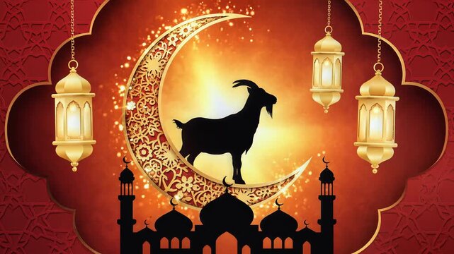 Eid al-Adha Greeting with Goat Silhouette Mosque and Glowing Lanterns
