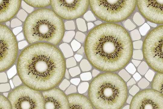 Kiwi Pattern Mosaic Tiles on Cream Background Decorative Floor and Wall Design