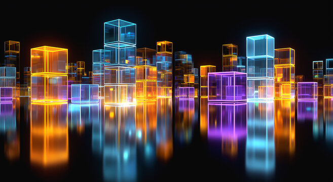 Futuristic neon city skyline glowing colorful buildings reflection