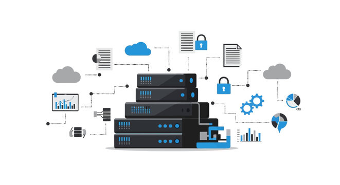 Flat lay of a server with various cloud computing and security icons connected around it on a white background with a modern tech feel.