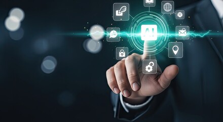 Fototapeta premium Businessman touching futuristic digital interface with glowing icons representing technology and business solutions.