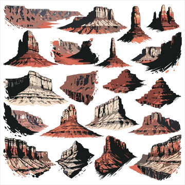 Canyons, Mountain Peaks and Plateaus, Desert Rock Vector Element Set