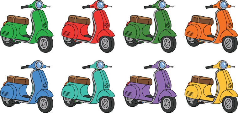 Retro scooter vector collection with eight colorful moped variations in green red orange blue purple and yellow for city transport.